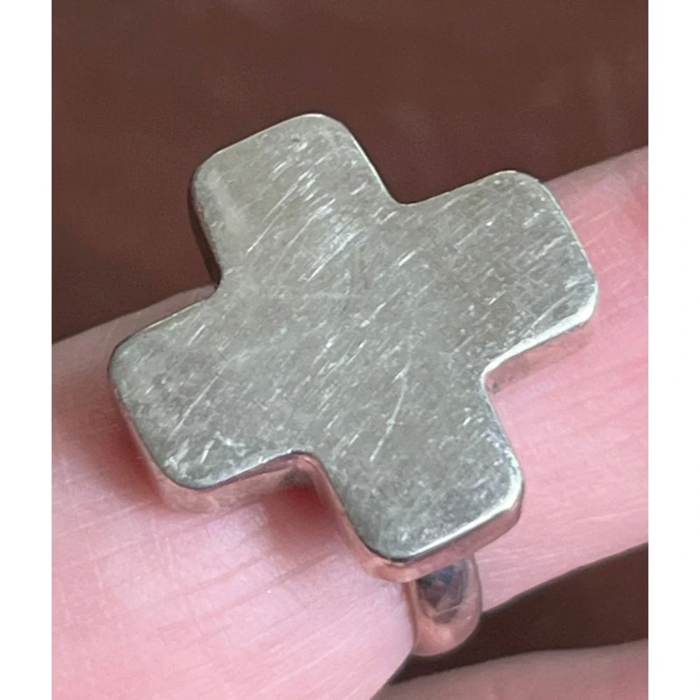 STERLING SILVER Statement Ring FLAT BLOCK STYLE BAR CROSS Boho Chic SIZE 8